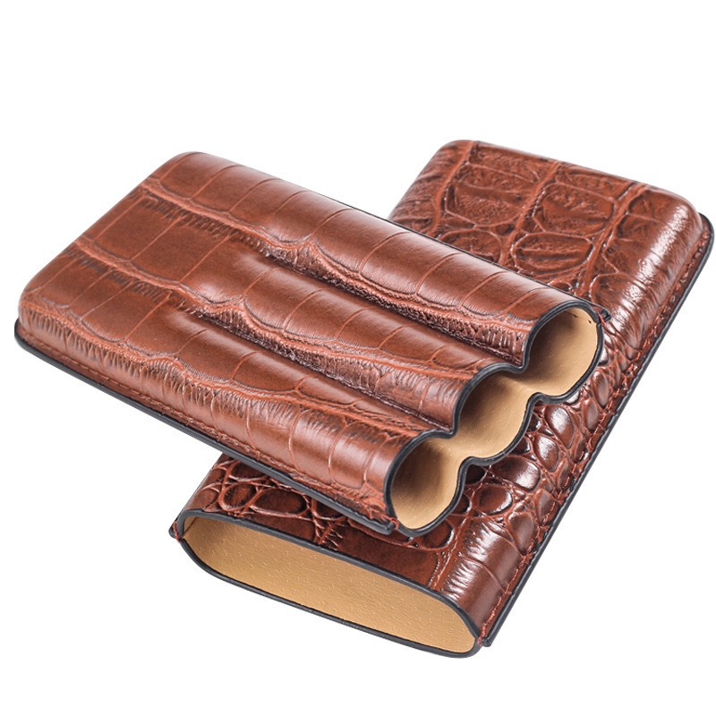 3 Finger Luxury Travel PU Leather Tobacco Humidor Humidifier Cigar Cases Cigar Cutter Set For Man