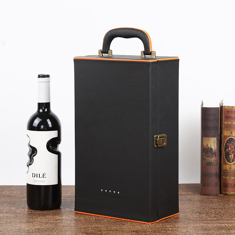 Two Bottles Cardboard PU Leather Wine Packing Carrier Wooden Wine Gift Box For Wine Bottle