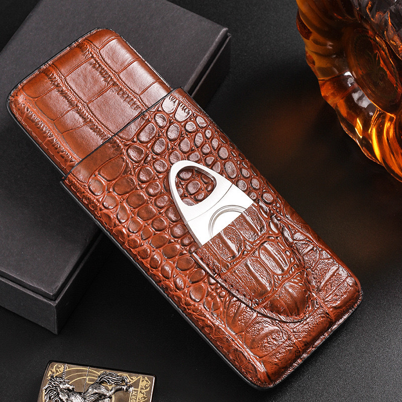 3 Finger Luxury Travel PU Leather Tobacco Humidor Humidifier Cigar Cases Cigar Cutter Set For Man