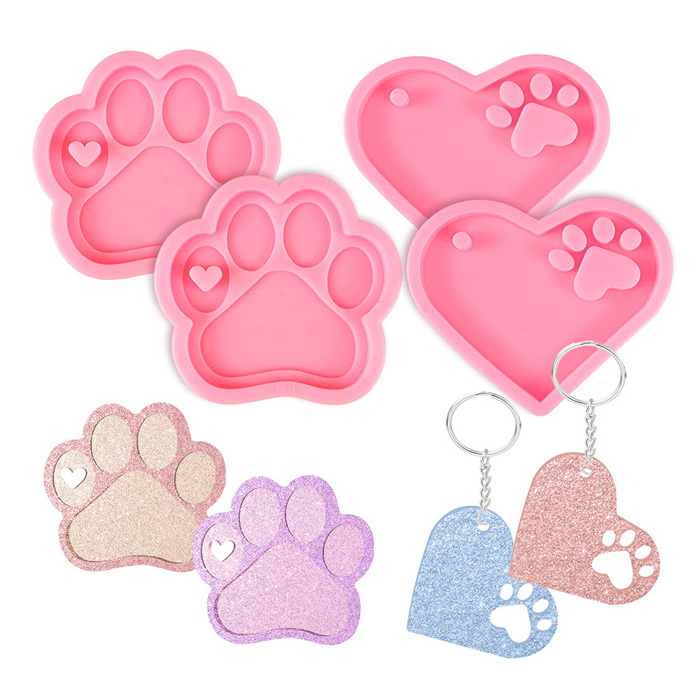 Silicone pink cute bear paw dog bone heart shape resin keychain candy molds for DIY craft, Cake, Ice Cream