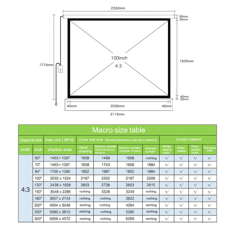 72 Inch 4 3 High Quality Large Electric Projection Screen/ Motorized Projector Screen tubular motor for projector Screen