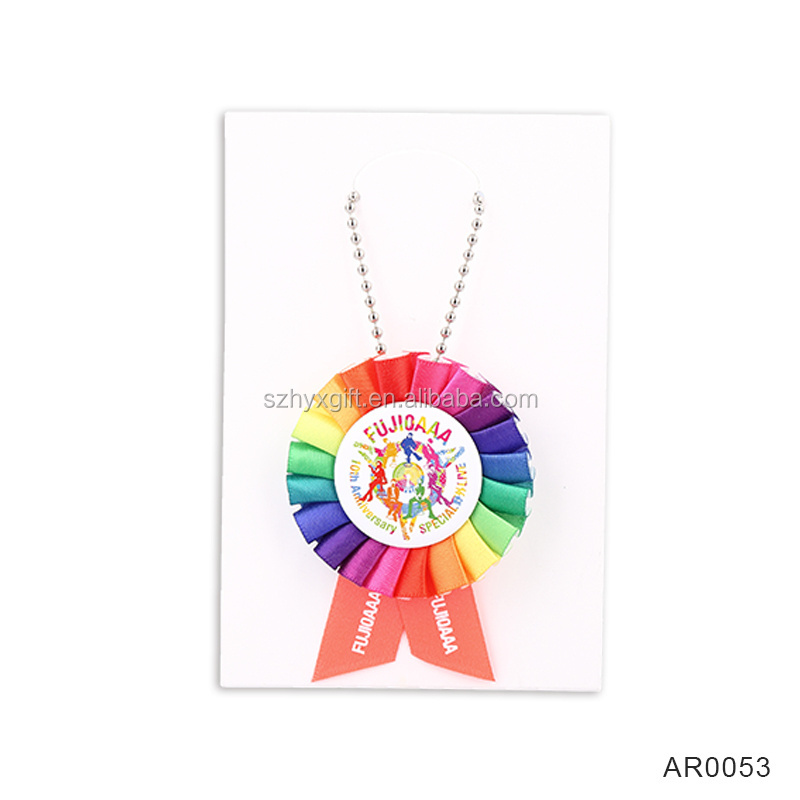 Custom printing rainbow colorful flower satin ribbon badge rosette