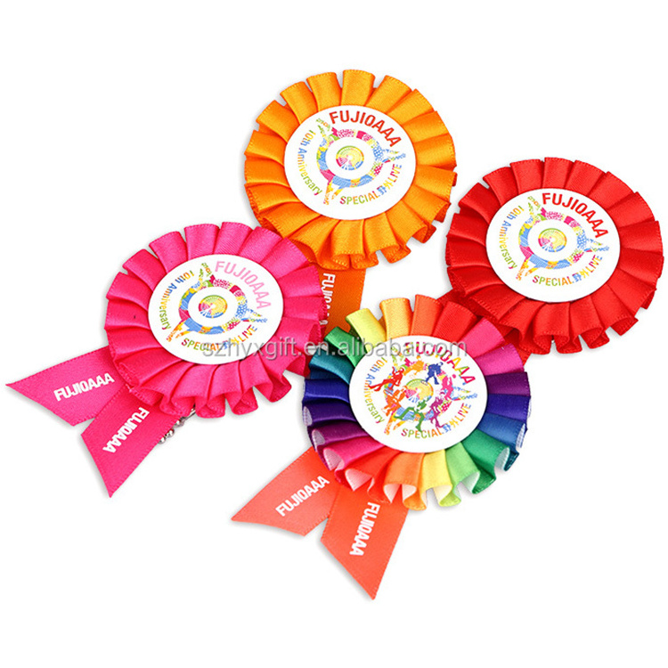 Custom printing rainbow colorful flower satin ribbon badge rosette