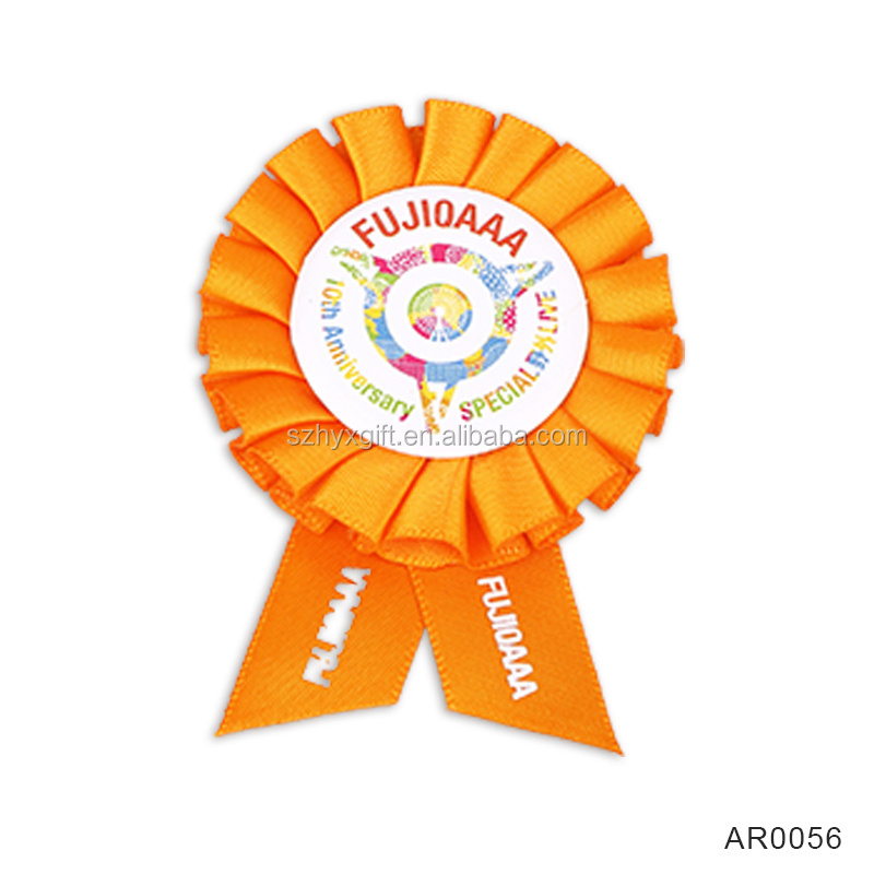 Custom printing rainbow colorful flower satin ribbon badge rosette