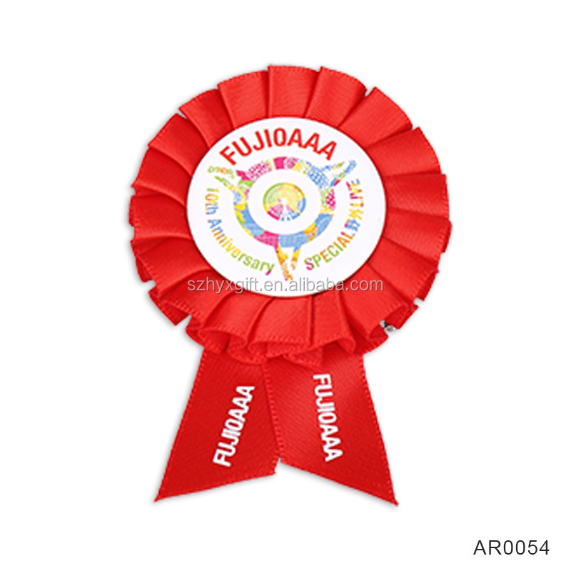 Custom printing rainbow colorful flower satin ribbon badge rosette