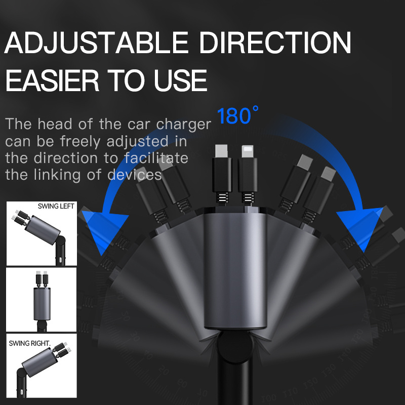 IBD retractable cables and PD usb c port 4 in 1 chargers car 12v fast charging charge 60w 100W 120W car charger for iPhone