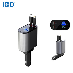 IBD retractable cables and PD usb c port 4 in 1 chargers car 12v fast charging charge 60w 100W 120W car charger for iPhone