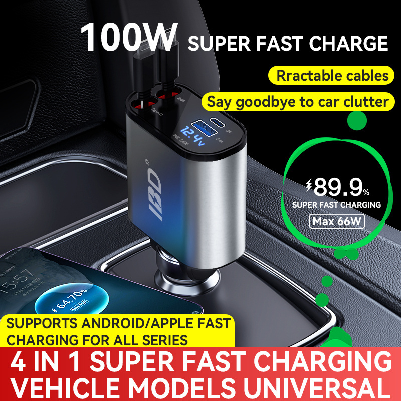 IBD retractable cables and PD usb c port 4 in 1 chargers car 12v fast charging charge 60w 100W 120W car charger for iPhone