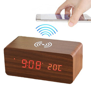 Electronic Sound Control Wireless Charging Smart LED Digital Wooden Bamboo Clock Alarm Calendar Date Time Wood Wireless Charger