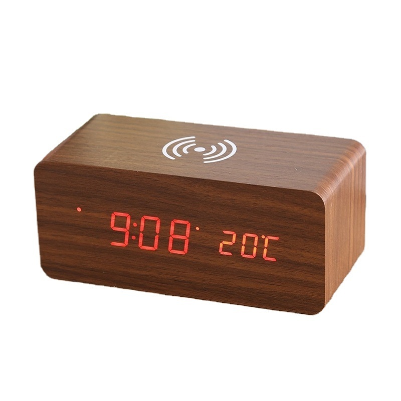 Electronic Sound Control Wireless Charging Smart LED Digital Wooden Bamboo Clock Alarm Calendar Date Time Wood Wireless Charger