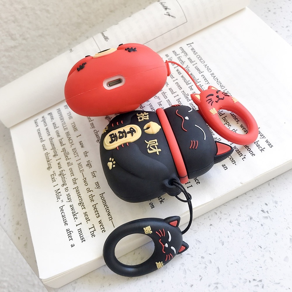 IVANHOE Lucky Cat Case For Airpods Cute Cover,New Cute 3D Cartoon Lucky Cat Silicone Kawaii Funny Fun Keychain Ring Design Cover