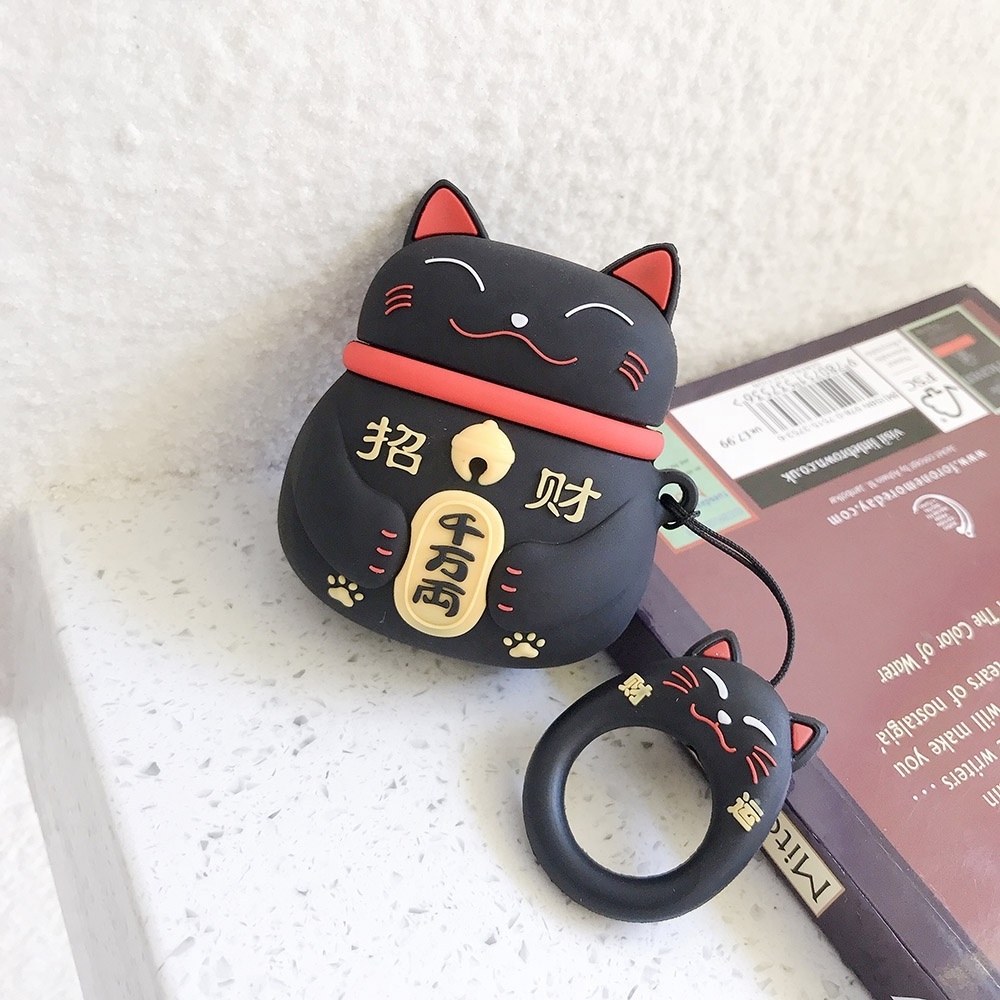 IVANHOE Lucky Cat Case For Airpods Cute Cover,New Cute 3D Cartoon Lucky Cat Silicone Kawaii Funny Fun Keychain Ring Design Cover