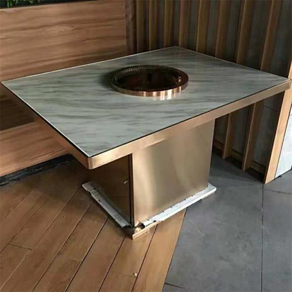 Customize nature marble top metal base hot pot tables 4 seat restaurant white marble smokeless hot pot table