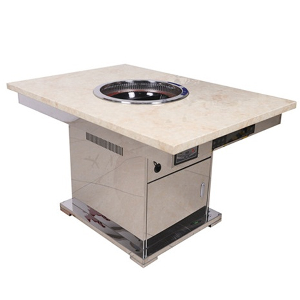 Customize nature marble top metal base hot pot tables 4 seat restaurant white marble smokeless hot pot table