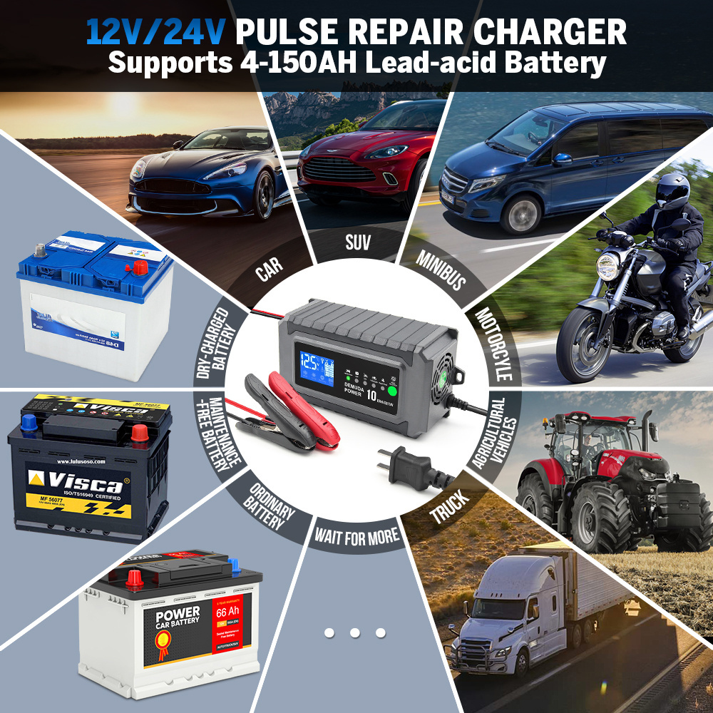 Pulse Repair 12V 10A 24V 5A Lead Acid Battery Charger for Truck Car AGM Deep Cycle VRLA 4AH-100AH Battri Charger LCD Display