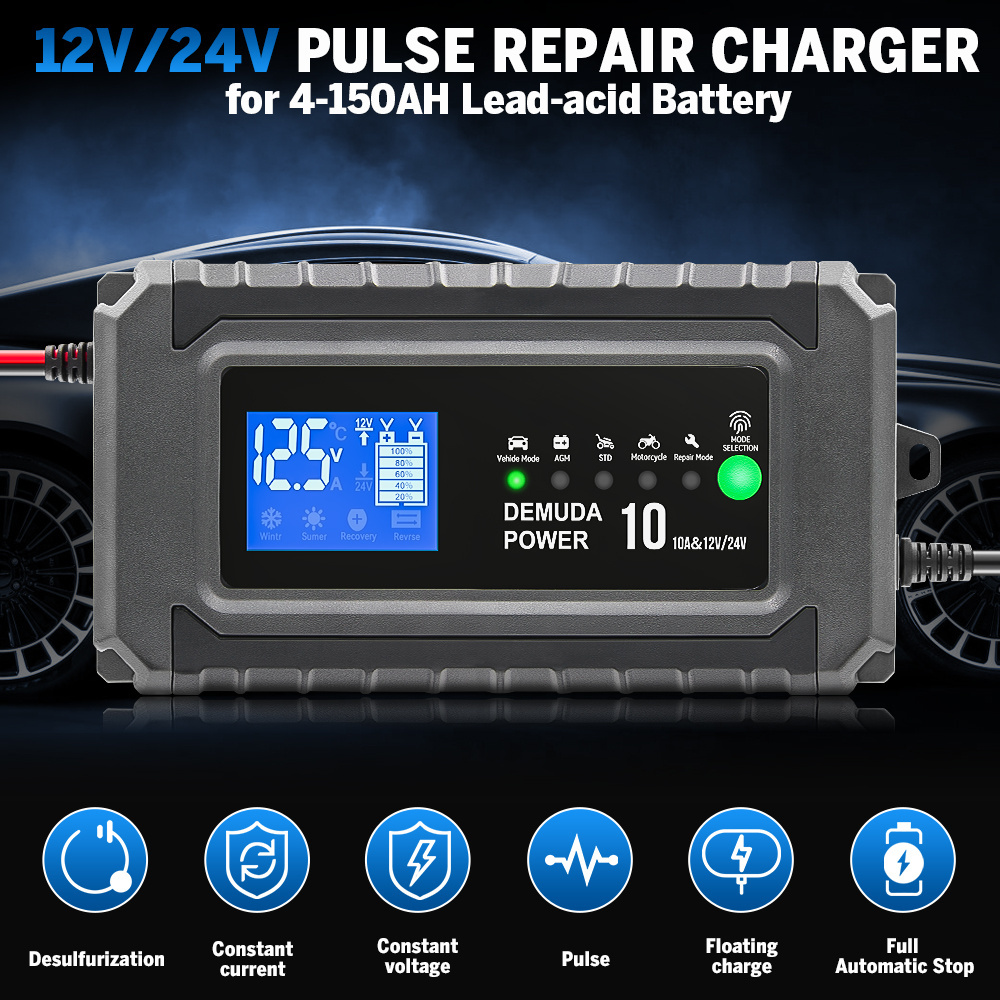 Pulse Repair 12V 10A 24V 5A Lead Acid Battery Charger for Truck Car AGM Deep Cycle VRLA 4AH-100AH Battri Charger LCD Display