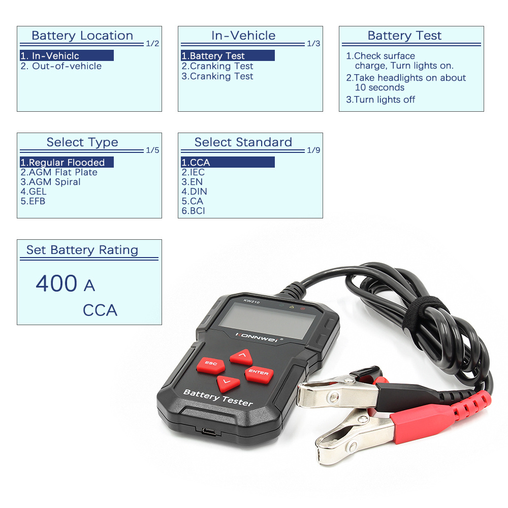 KONNWEI KW210 Automatic Smart 12V Car Battery Tester Auto Battery Analyzer 100 to 2000CCA Support Free Update