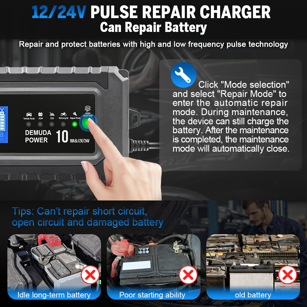 Pulse Repair 12V 10A 24V 5A Lead Acid Battery Charger for Truck Car AGM Deep Cycle VRLA 4AH-100AH Battri Charger LCD Display