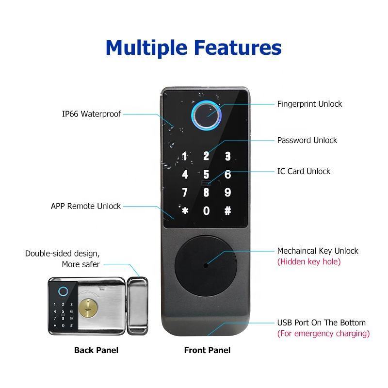 factory Luxury TUYA WIFI Digital Door Knob Rfid Card Key Digit Fingerprint Smart Lock Double-sided Fingerprint Rim Door Lock R07