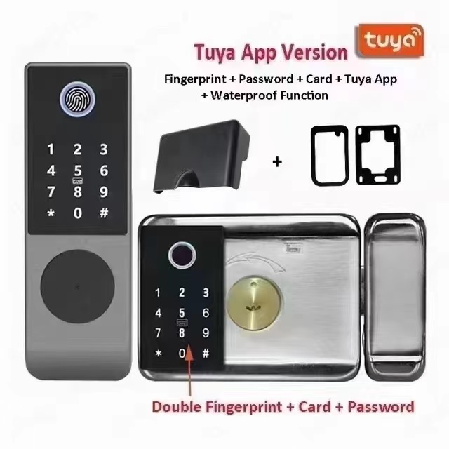 factory Luxury TUYA WIFI Digital Door Knob Rfid Card Key Digit Fingerprint Smart Lock Double-sided Fingerprint Rim Door Lock R07