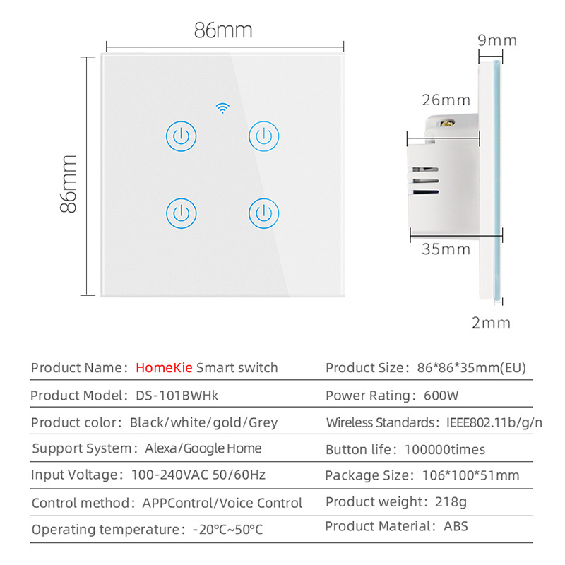 Eu 1/2/3/4 Gang Wireless Remote Glass Touch apple  Homekit Wifi Smart Light Switch With App Voice Control