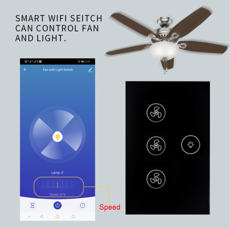 Smart Home US WiFi Ceiling Fan Light Switch Tuya APP Remote Speed Control Voice Smart zigbee Fan Light Switch