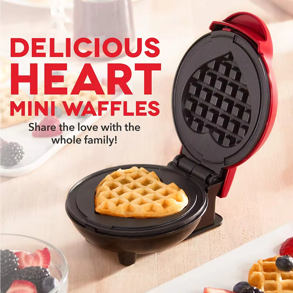 Mini Waffle Maker Machine for Paninis Hash Browns & Other On the Breakfast Lunch or Snacks to Non-Stick Sides Red Heart 4 Inch