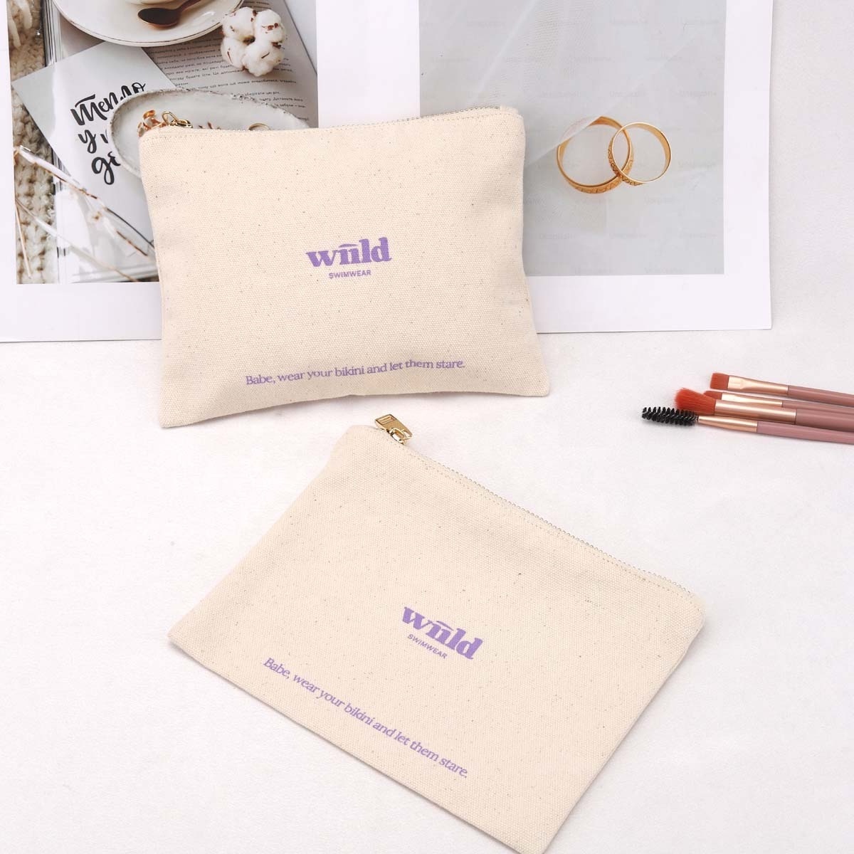 New Fabric 8oz Canvas Zipper Travel Makeup Pouch Custom Logo Printing Natural Cotton Canvas Pen Cosmetic Bag