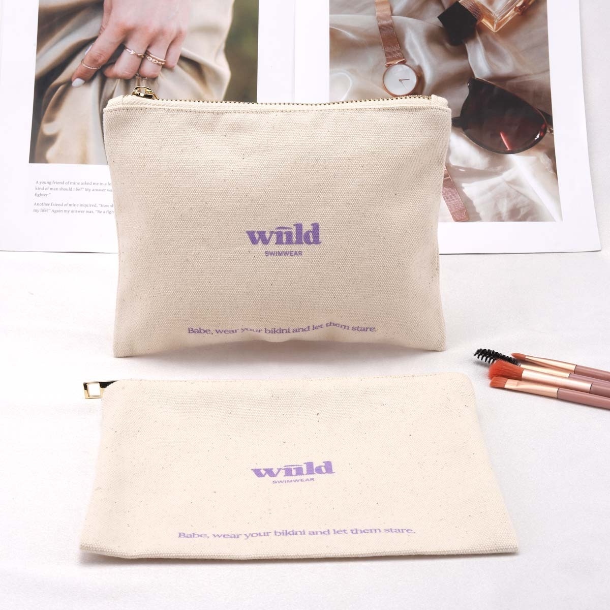 New Fabric 8oz Canvas Zipper Travel Makeup Pouch Custom Logo Printing Natural Cotton Canvas Pen Cosmetic Bag