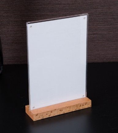 Factory Custom High Quality Tabletop Insert T Shape Acrylic Menu Display Stand Wooden Base Acrylic Sign Holder