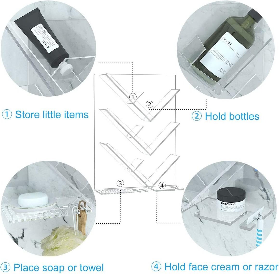 Acrylic Shower Organizer with Suction Cup Wall Mounted Bathroom Shelf Acrylic Bathroom Shower Caddy for Shampoo Bottles