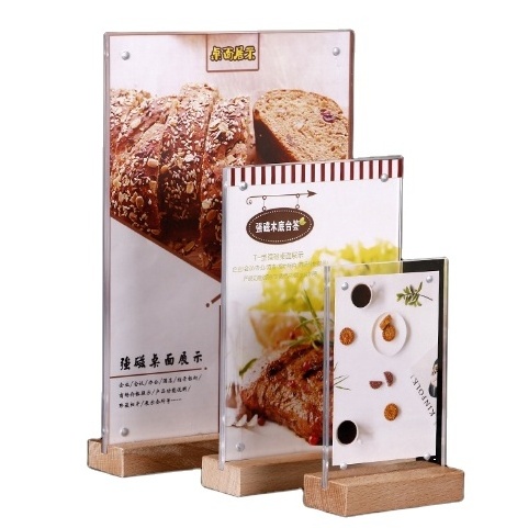 Factory Custom High Quality Tabletop Insert T Shape Acrylic Menu Display Stand Wooden Base Acrylic Sign Holder