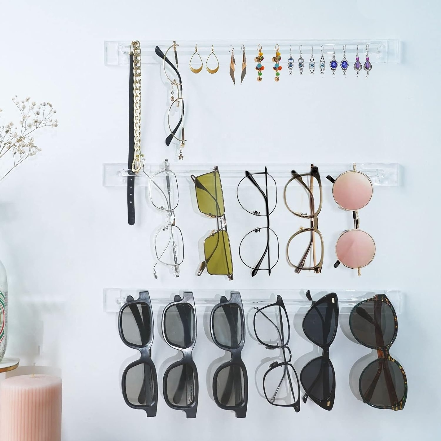 Factory Wholesale Modern Design Wall Mounted Sunglasses Necklace Jewelry Clear Acrylic Hanger Rack Eyewear Display Rail Holder