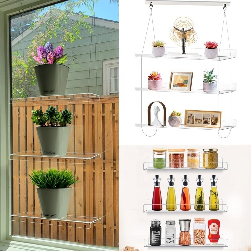 DIY 3-Tier Hanging Flower Stand Indoor Garden with Angle Bracket Floating Shelves Clear Acrylic Window Hanging Plant Shelf