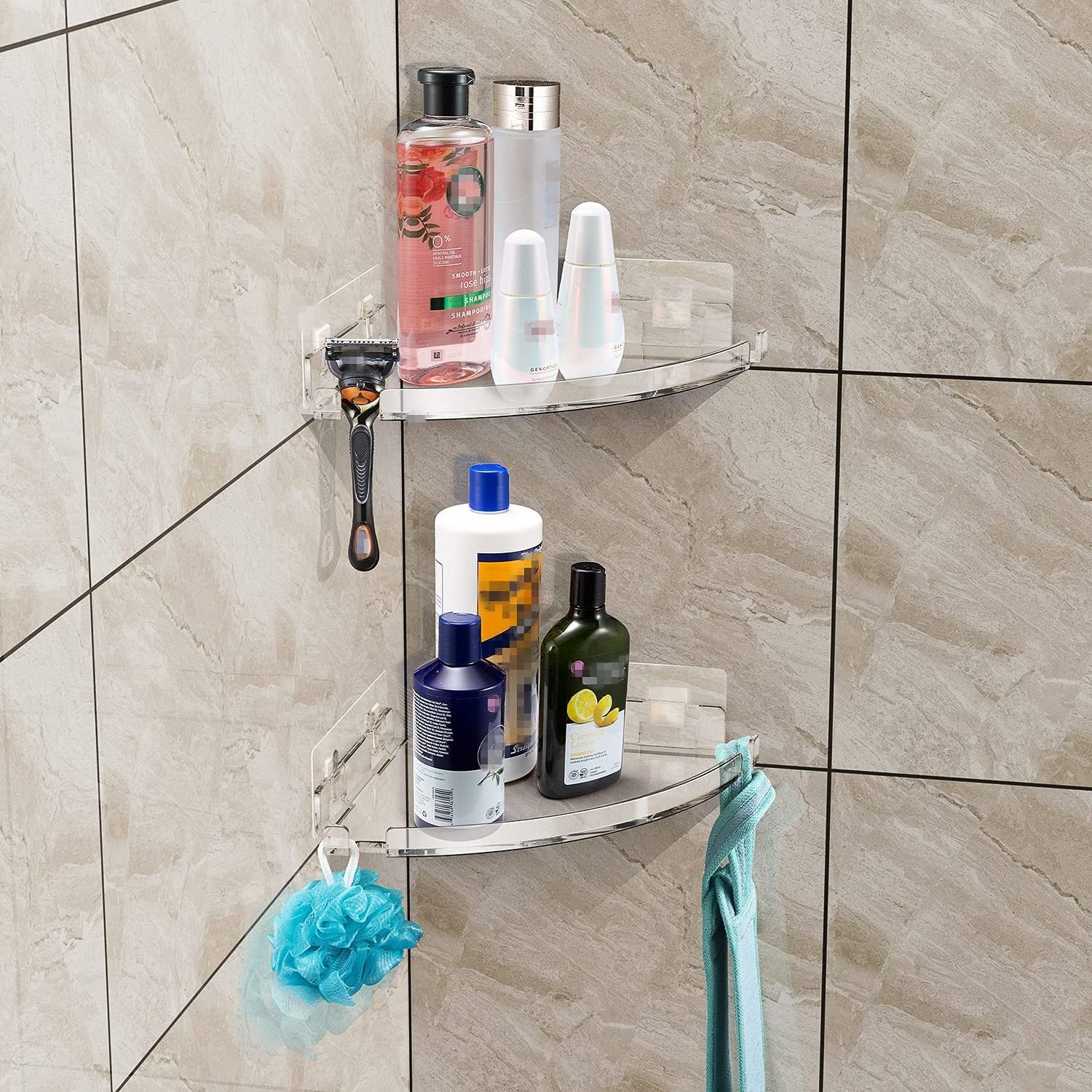 Acrylic Corner Shower Caddy Shelf  with Hooks Adhesive Wall Mounted Bathroom Shelf Organizer Shower Holder