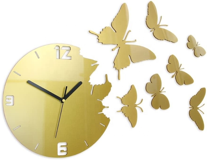 Factory Wholesale Custom Home Bedroom Modern Clock Butterfly Wall Display Gold Acrylic Wall Clock