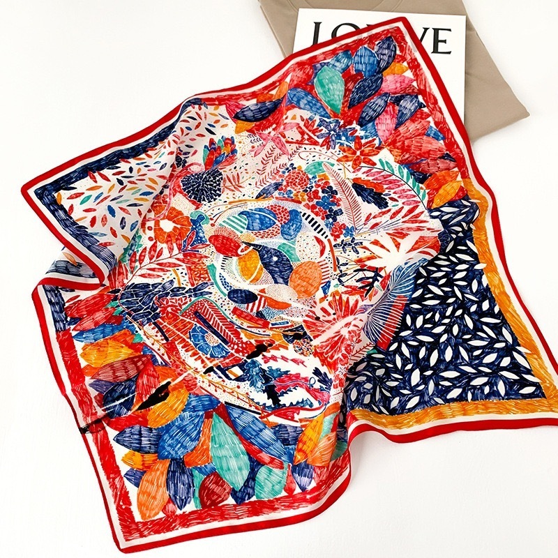 Summer New Arrival Custom Design Logo Printing Small Square 53cm Mulberry Silk Head Scarf for Women