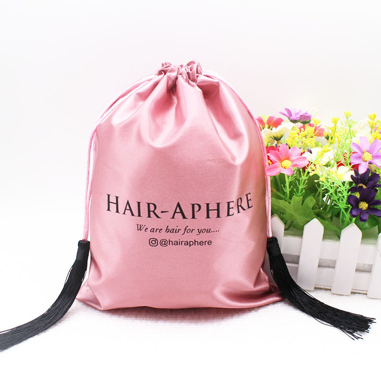 Custom Woven label logo silk bag extension packaging satin gift bag for wig bundles