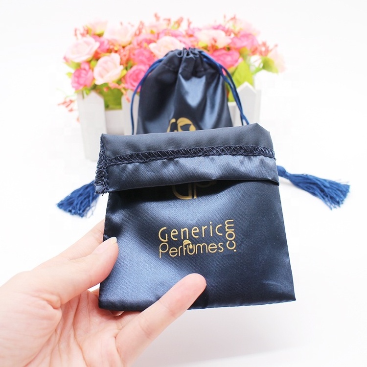 Wholesale personalized tassel silk wig bag satin drawstring gift bag with logo