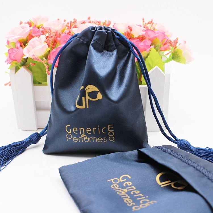 Wholesale personalized tassel silk wig bag satin drawstring gift bag with logo