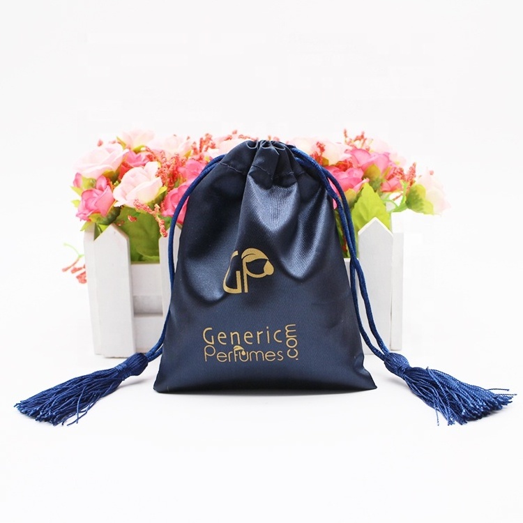 Wholesale personalized tassel silk wig bag satin drawstring gift bag with logo