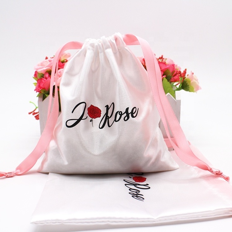 Wholesale personalized tassel silk wig bag satin drawstring gift bag with logo