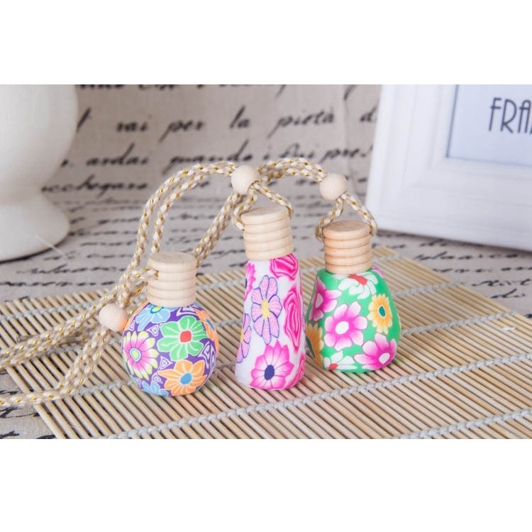 8-12ml polymer clay   Flower Printing Wooden Cap With Rope Glass Refill Car Perfume Diffuse Hanging Bottle may mix and match