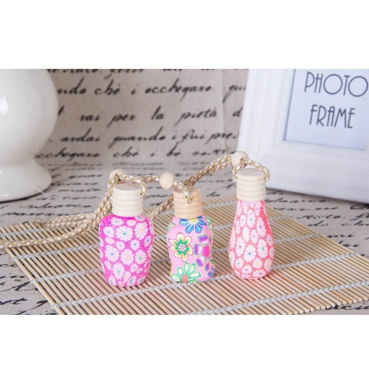 8-12ml polymer clay   Flower Printing Wooden Cap With Rope Glass Refill Car Perfume Diffuse Hanging Bottle may mix and match