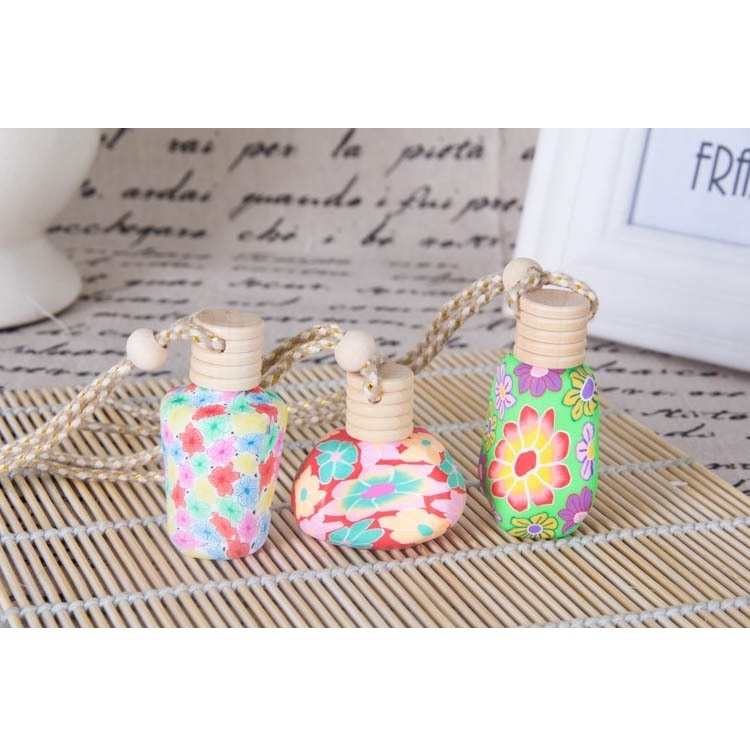 8-12ml polymer clay   Flower Printing Wooden Cap With Rope Glass Refill Car Perfume Diffuse Hanging Bottle may mix and match