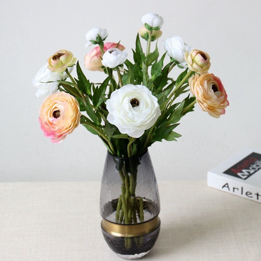 Single bunch silk ranunculus flower 2 heads flower artificial dew lotus wedding flower arrangement decoration