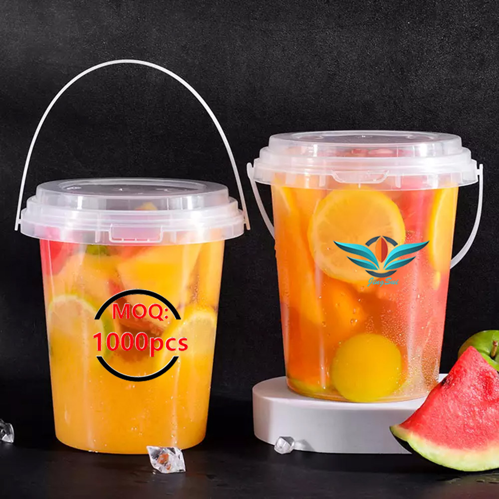 Custom 32oz Clear Fruits Buckets cups with handle Wholesale Disposable bubble tea drinks plastic containers with lids