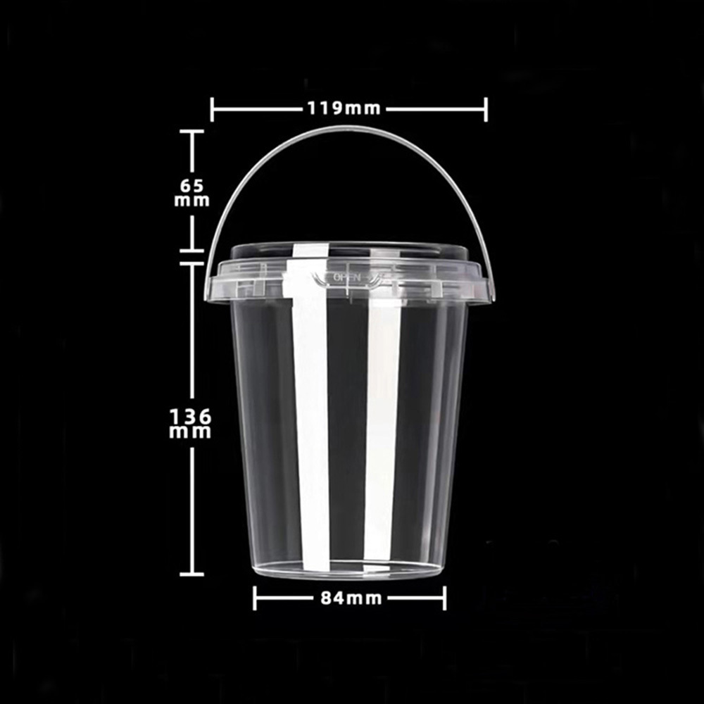 Custom 32oz Clear Fruits Buckets cups with handle Wholesale Disposable bubble tea drinks plastic containers with lids