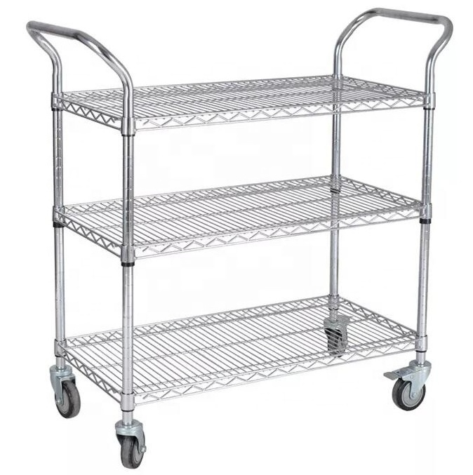 Three layers carbon steel chrome-plated wire mesh trolley anti-static revolving car stainless steel material moving tool car