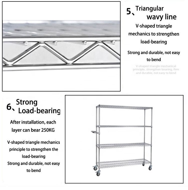 Warehouse storage stainless steel line net wire mesh shelf chrome plating anti-static household display rack with wheels